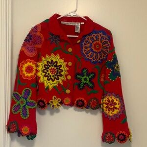 Vintage Michael Simon Red Knit Flower Appliqué Embroidered Sweater Jacket size 1